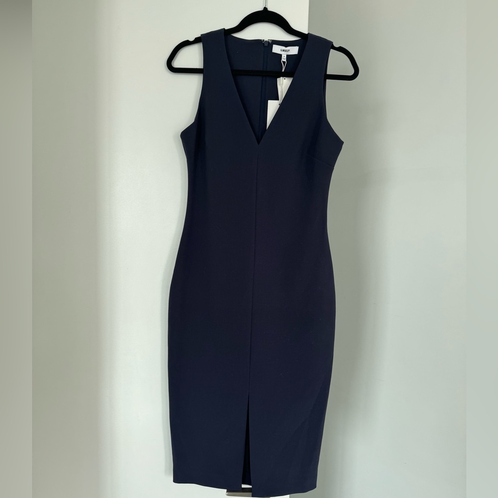 Likely Navy V-neck sleeveless midi bodycon dress